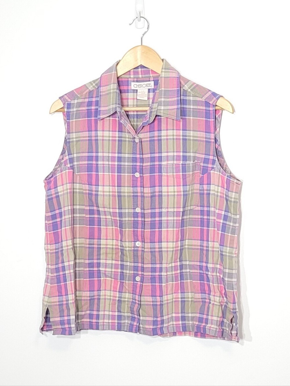 Vintage Cherokee Pink Plaid 100% Cotton Pocket Sleeveless Button Down Sz Large